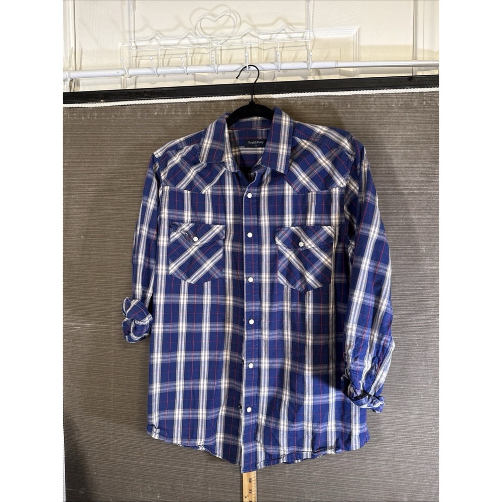 Double Pump Western Shirt Mens   Blue Plaid Pearl Snap Small Cotton Long Sleeve